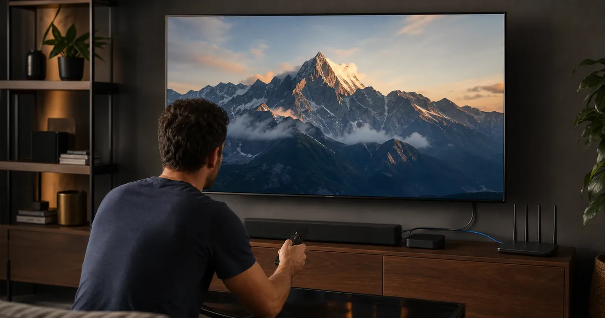 Person viewing a 4K home entertainment setup with a television, soundbar, router, and media box