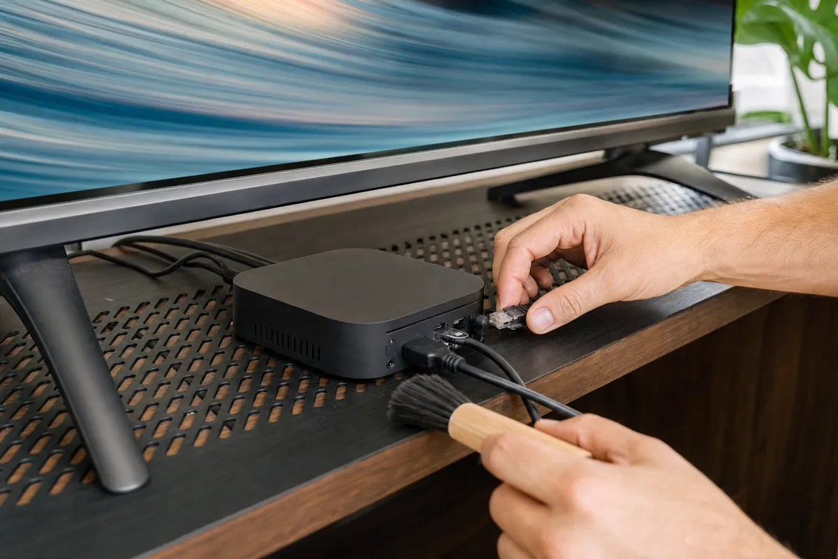 Person cleaning a ventilated Android TV box and checking its Ethernet connection