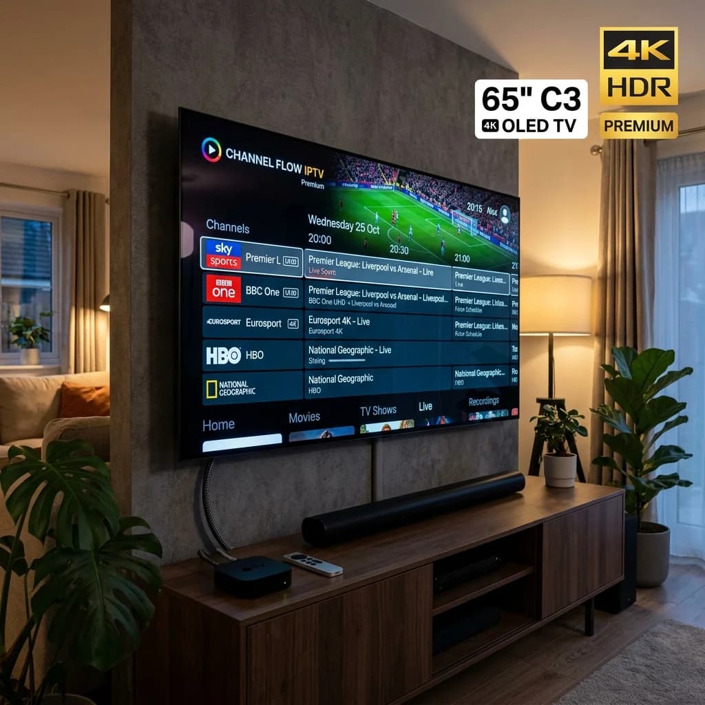 Apple TV 4K connected to an OLED television displaying a tvOS IPTV channel guide with 4K HDR badge