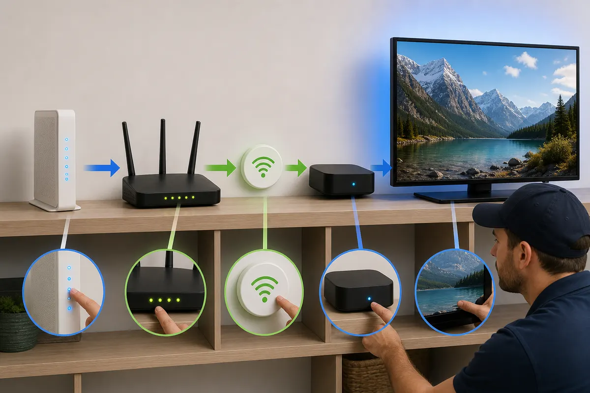Step-by-step buffering diagnostic path from modem and router to playback device and television