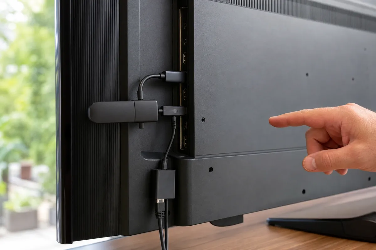 Close view of a streaming stick with separate HDMI, power, and network connections behind a TV