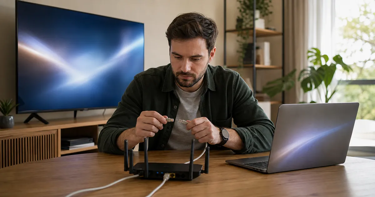 Person testing an Ethernet cable between a home router, laptop, and television