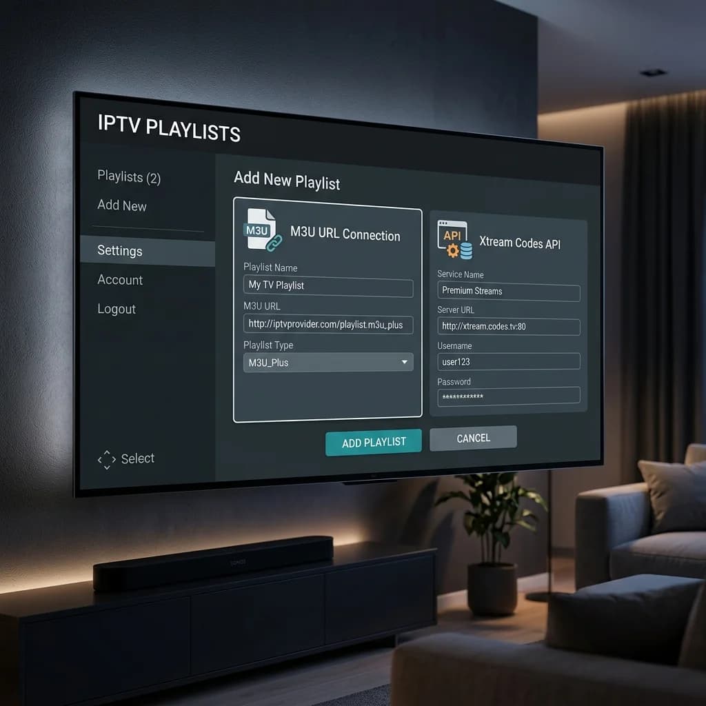 Television screen displaying IPTV playlist configuration options for M3U URL and Xtream Codes API
