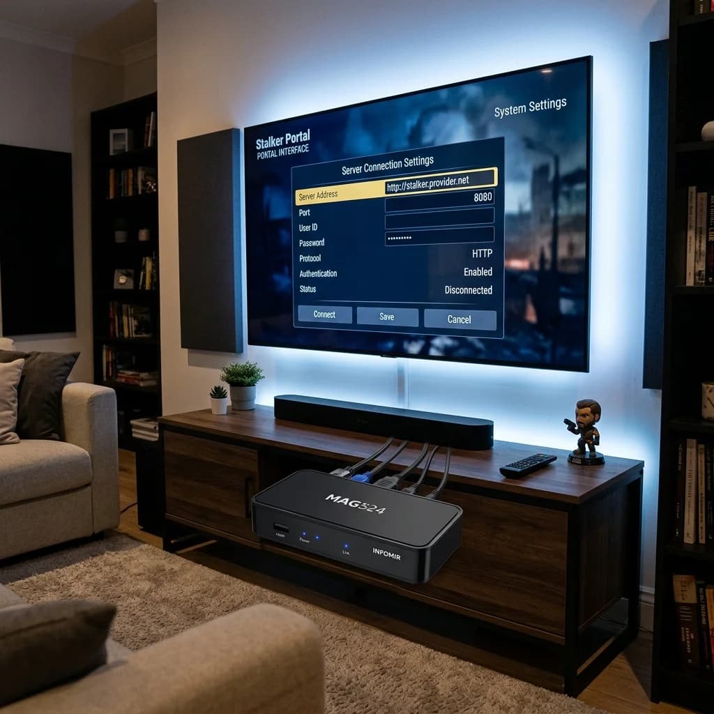 Infomir MAG set-top box connected to a television screen displaying the Stalker Portal server settings interface