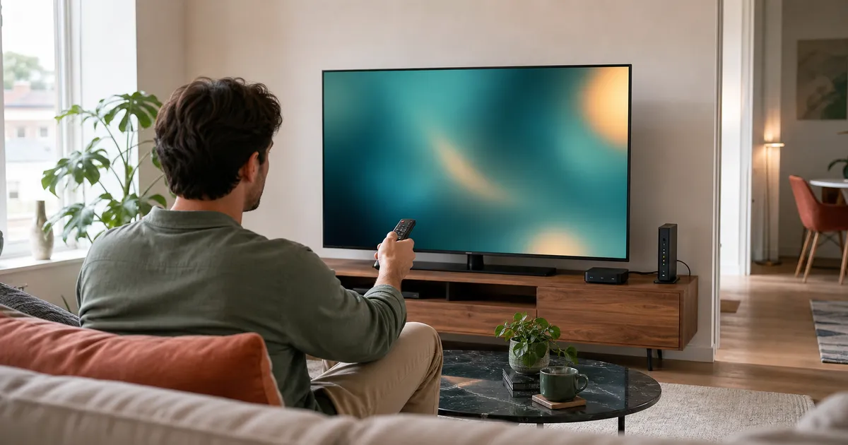 Person using a remote to set up a streaming app on a television with a router and media box