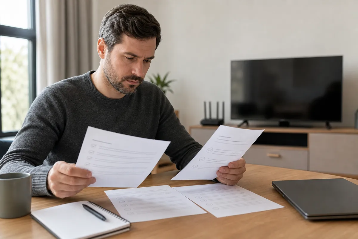 Customer comparing streaming provider terms and device compatibility documents at a desk
