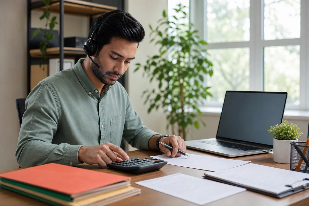 Streaming reseller calculating business costs with invoices and organized folders