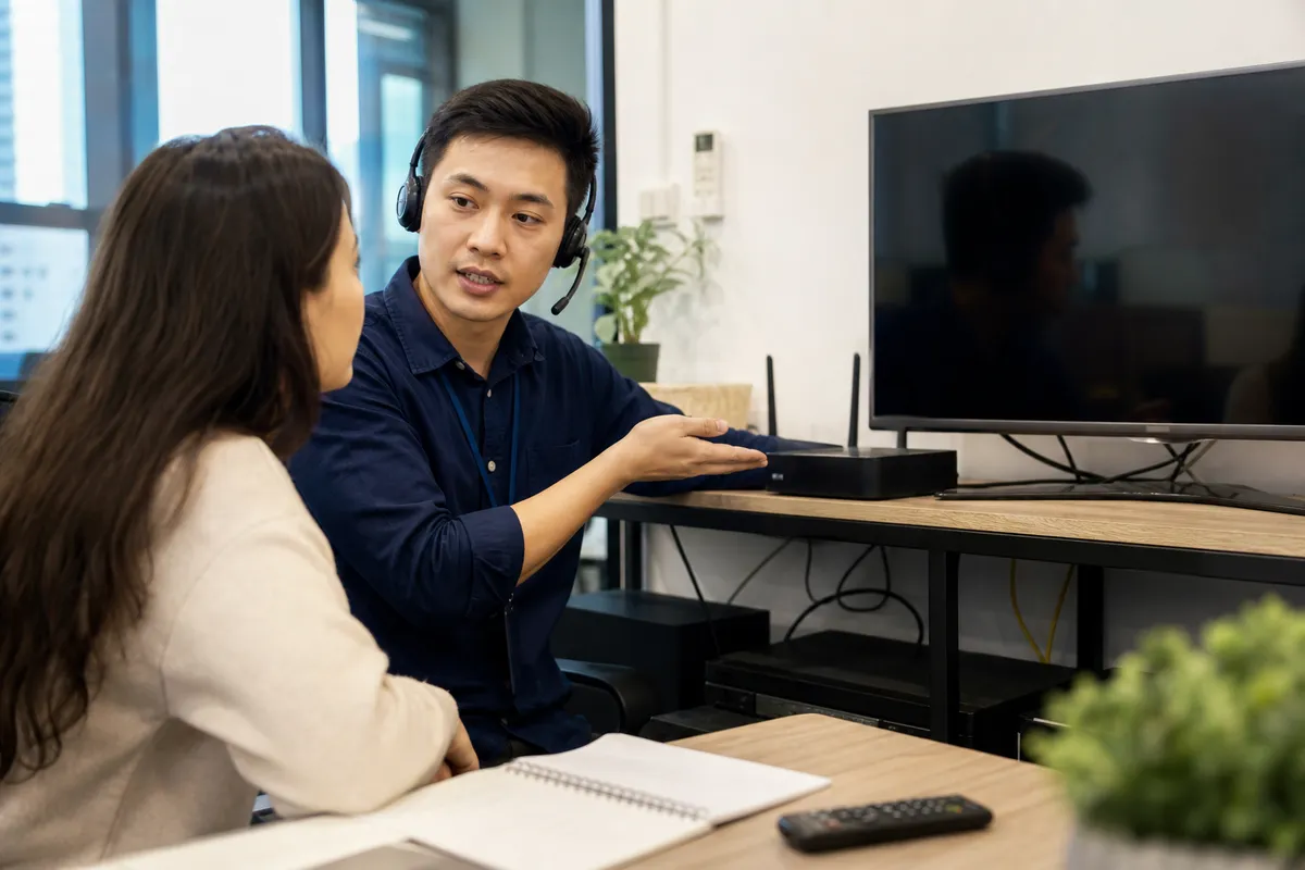 Support specialist helping a customer troubleshoot a television and router