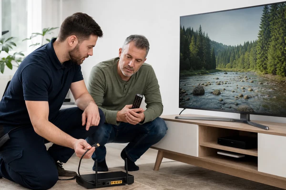 Technician helping a homeowner check a television remote, router, and HDMI cable