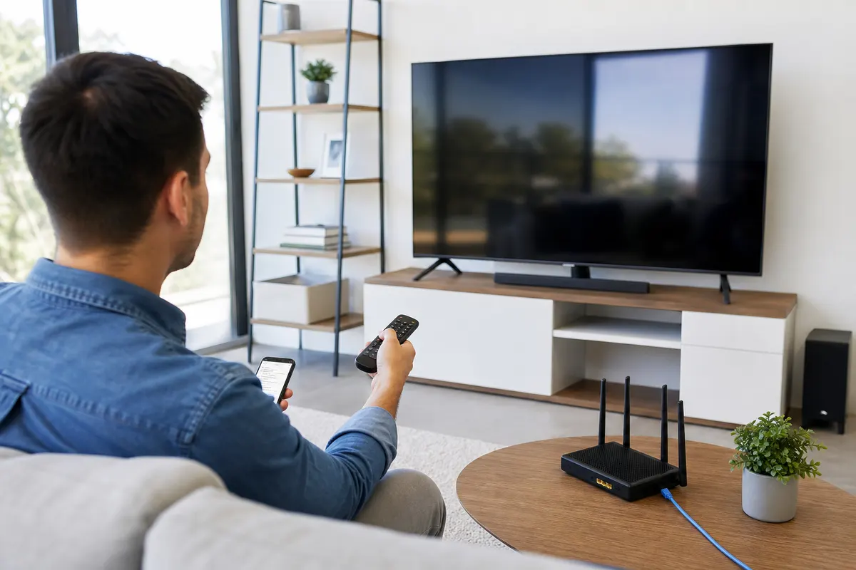 Viewer preparing an unbranded smart television, remote, router, and secure streaming setup