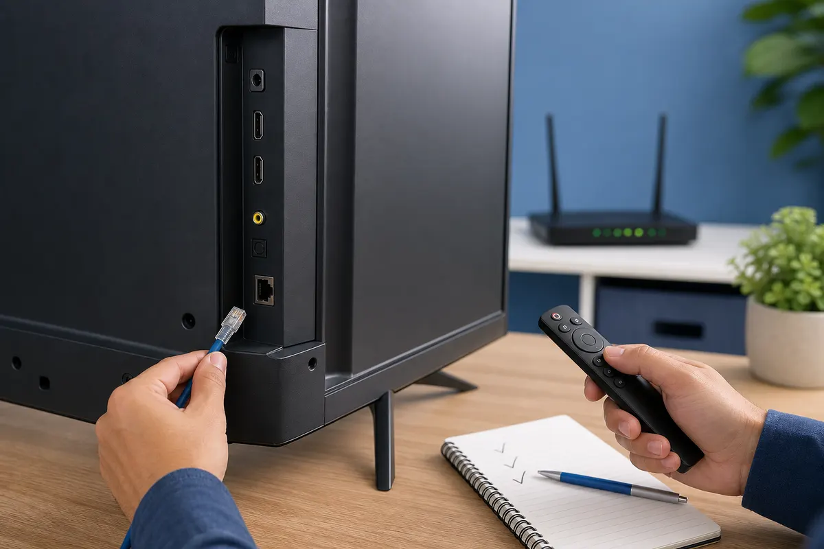 Ethernet cable, remote, and unbranded Smart TV prepared for a supported streaming installation