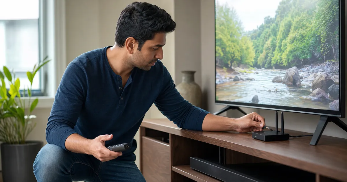 Person checking a home router and cable while troubleshooting a Smart TV setup