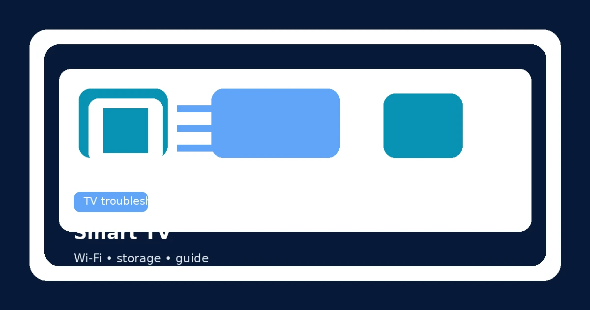 Smart TV troubleshooting visual for Wi-Fi, storage, app updates, login issues, and guide sync
