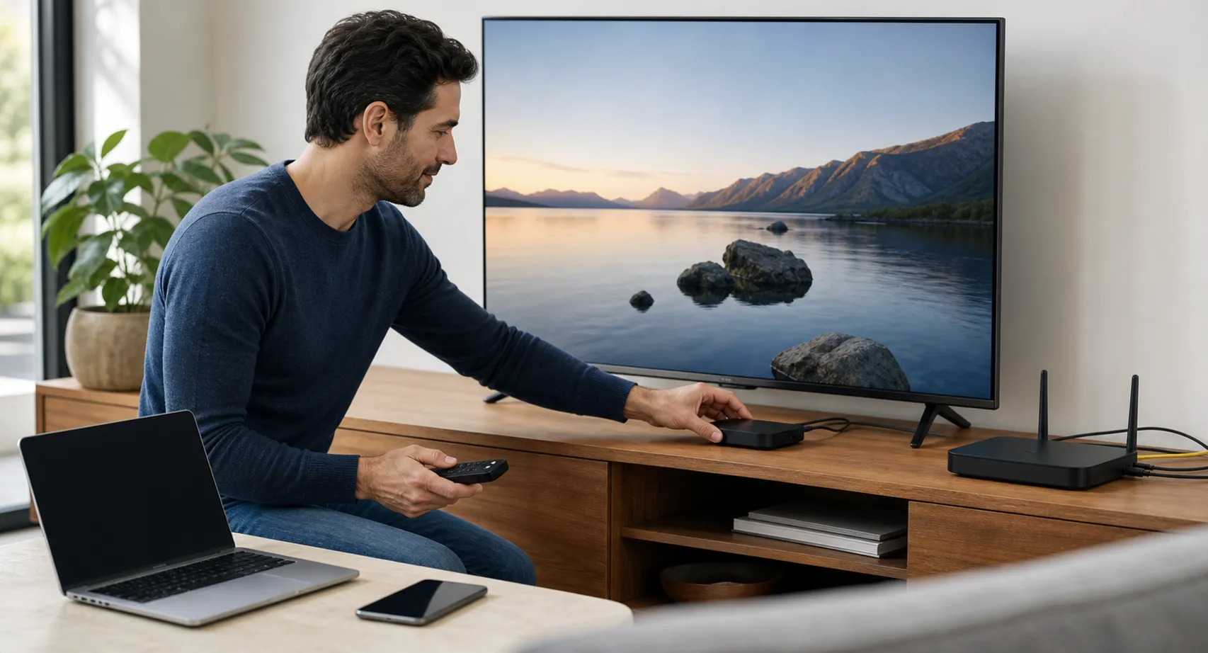 Person configuring a media box beside a television, router, laptop, and phone