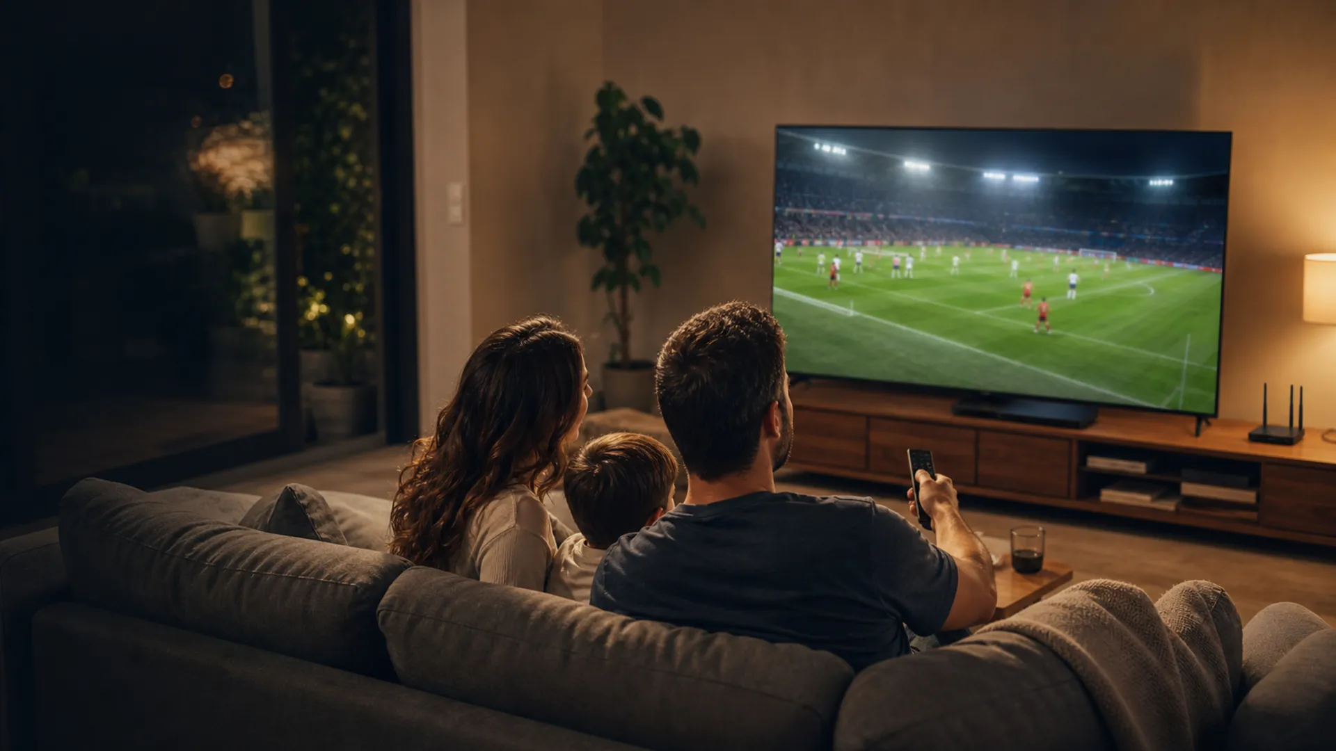 Family watching a live football match on a television in their living room