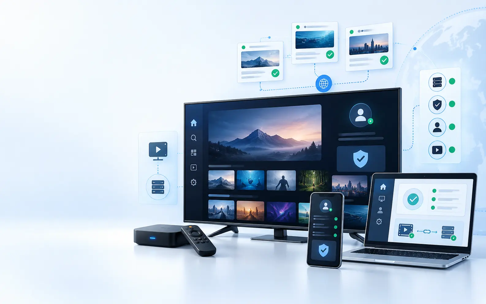 Illustration of streaming devices, provider verification, and IPTV service status checks