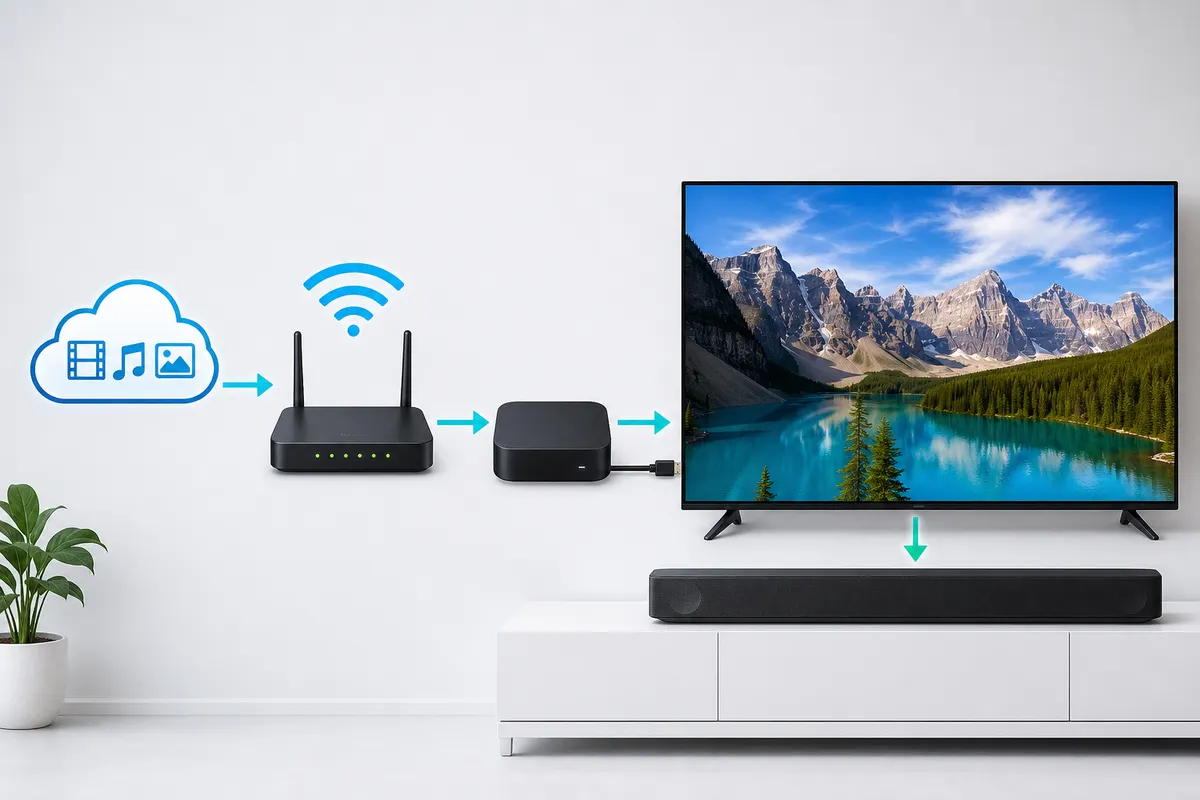 Complete 4K streaming signal path from authorized source through router, player, HDMI, television, and audio