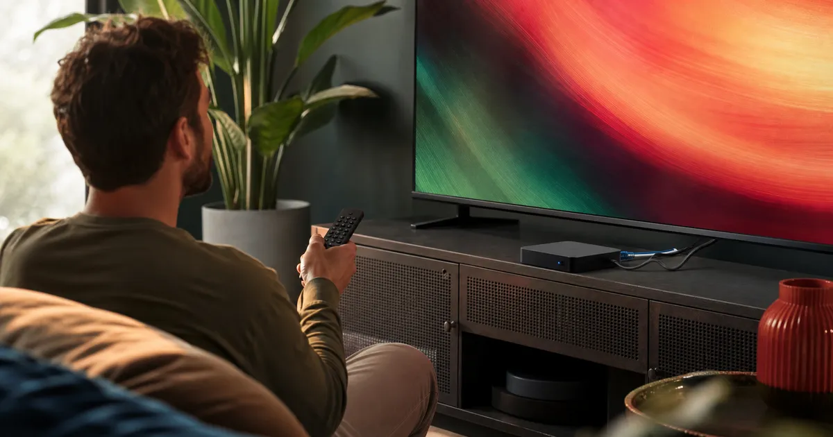 Person using a remote with a ventilated Android TV box connected by Ethernet