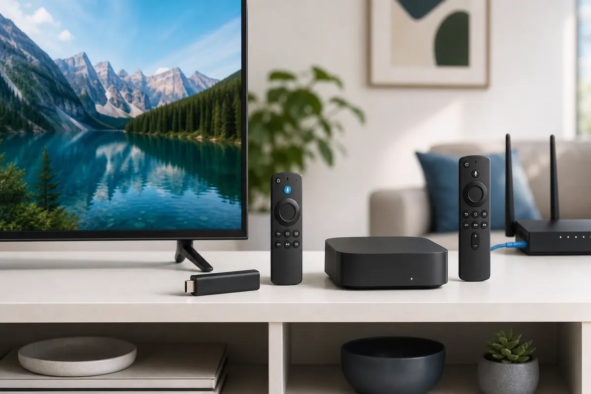 Unbranded Smart TV, HDMI streaming stick, and television box arranged for a balanced device comparison