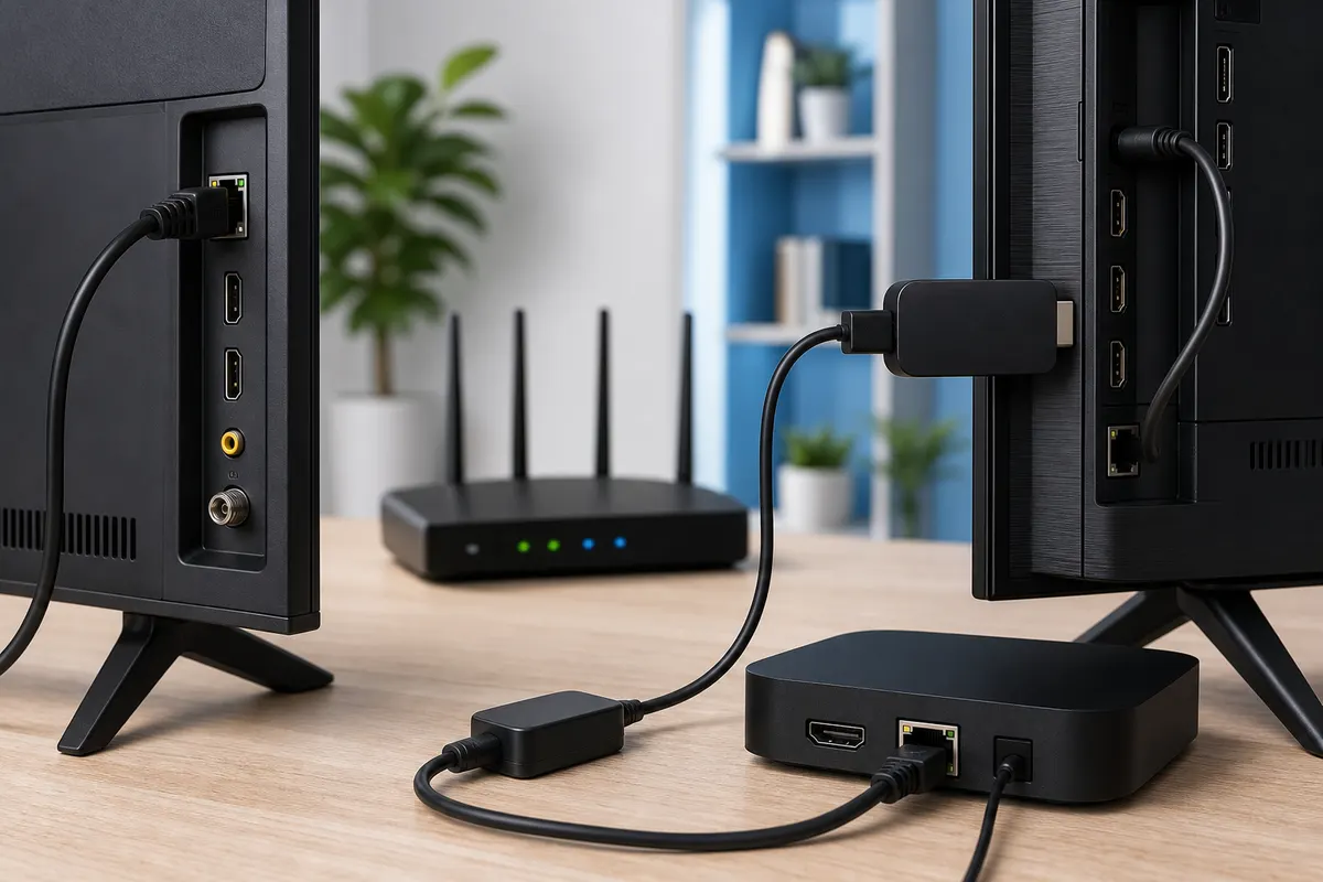 Unbranded Smart TV, streaming stick, television box, HDMI, Ethernet, and router connectivity