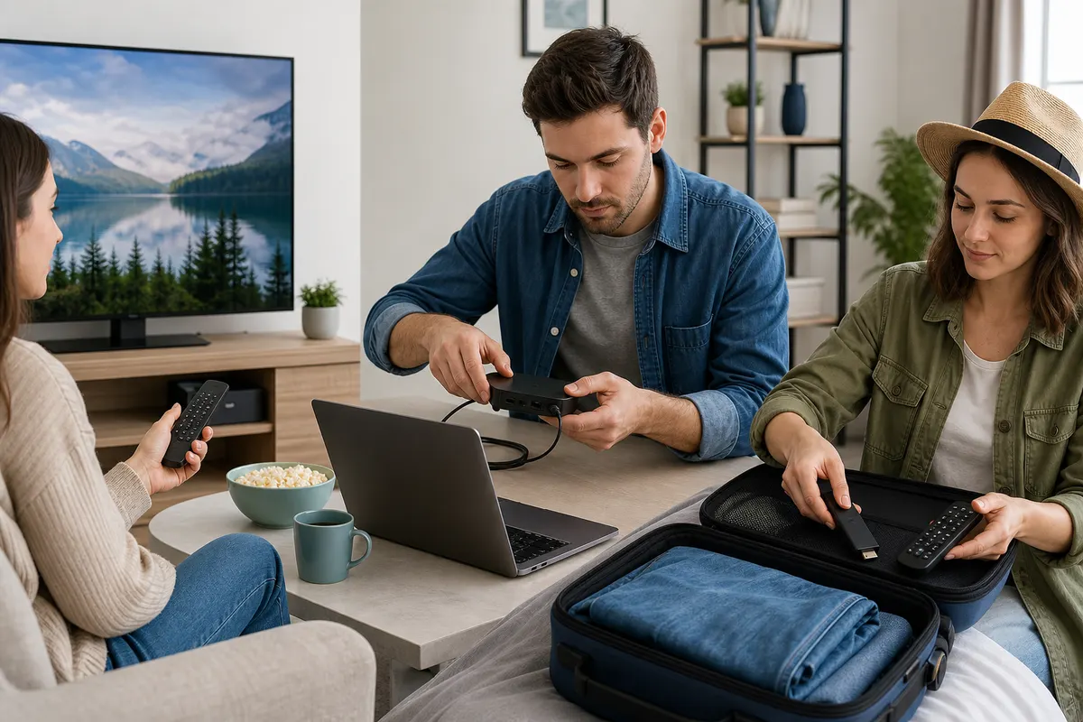 Beginner, advanced user, and traveler using different unbranded television streaming devices