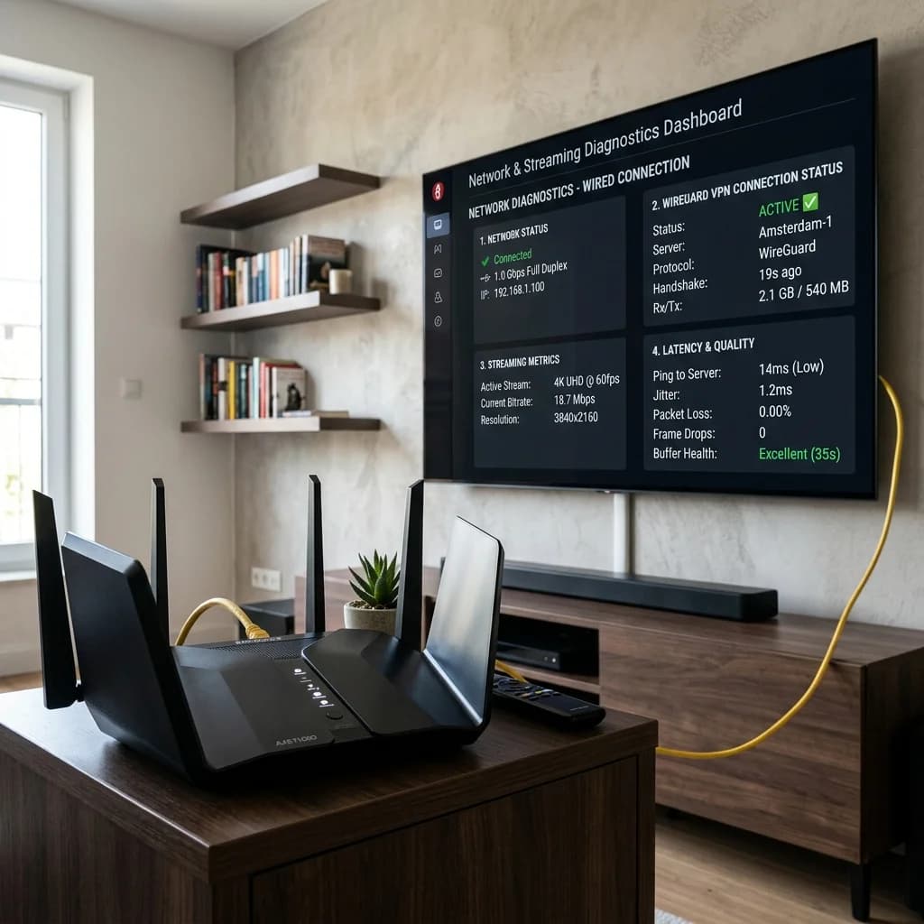 Home network router beside a streaming box displaying network latency, DNS configuration, and VPN connection status