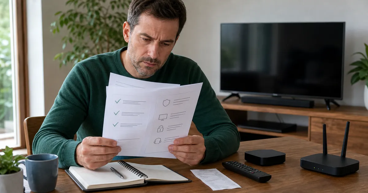 Customer comparing streaming subscription documents beside a television, router, and streaming box