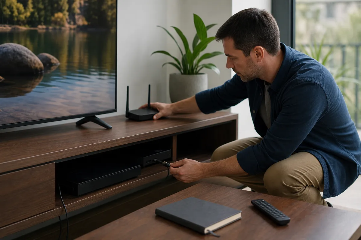 Person repositioning a home router beside a Smart TV while checking the streaming setup