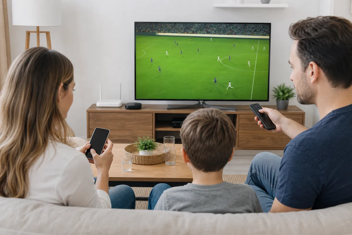 Family testing an authorized football stream on their television before a match