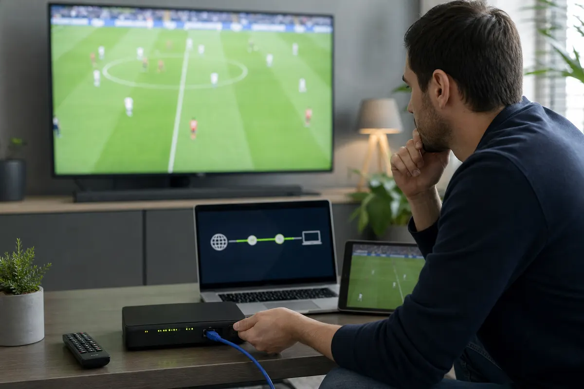 Viewer diagnosing an authorized football stream with router, Ethernet, network path, and supported backup device