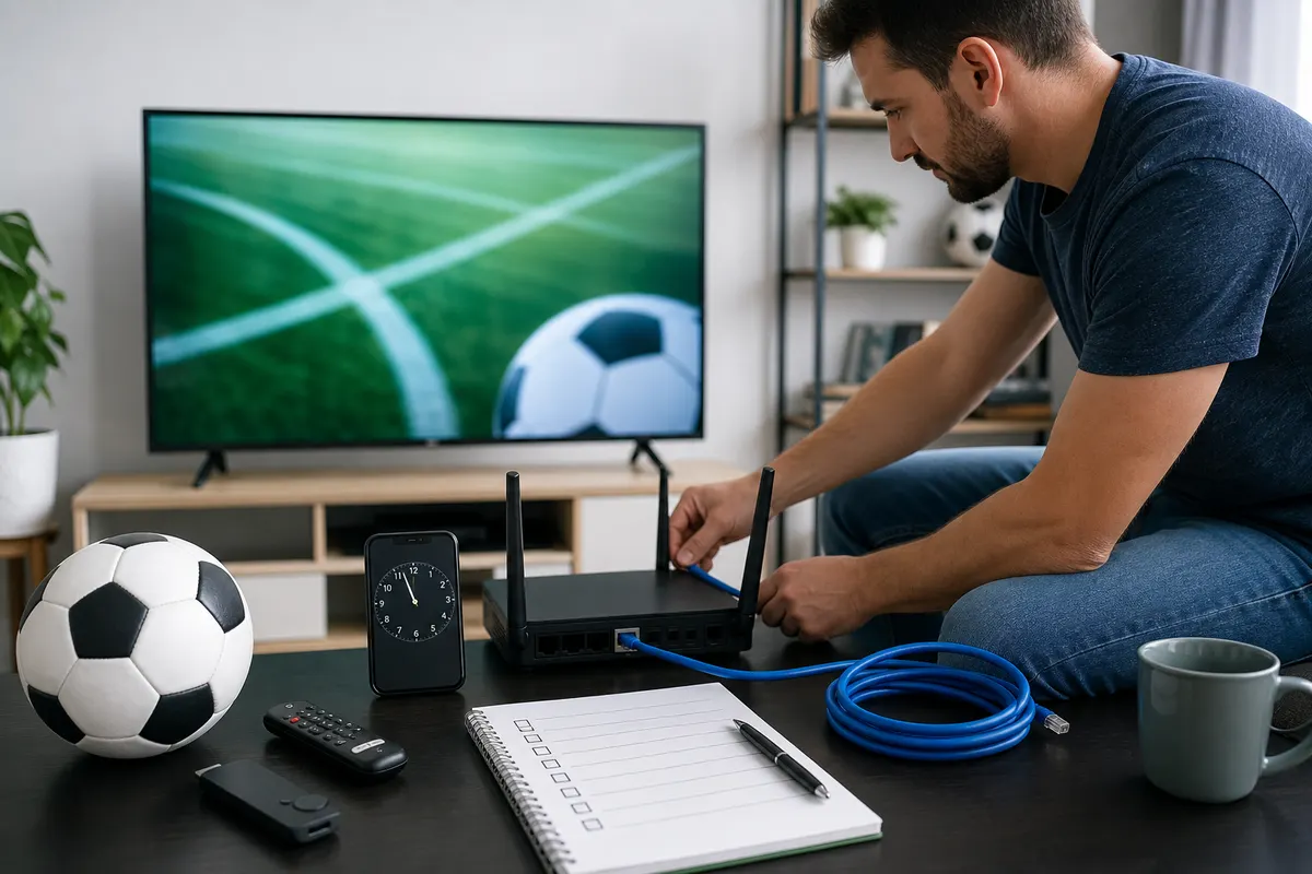 Viewer preparing an authorized football stream with television, router, Ethernet, remote, clock, and checklist