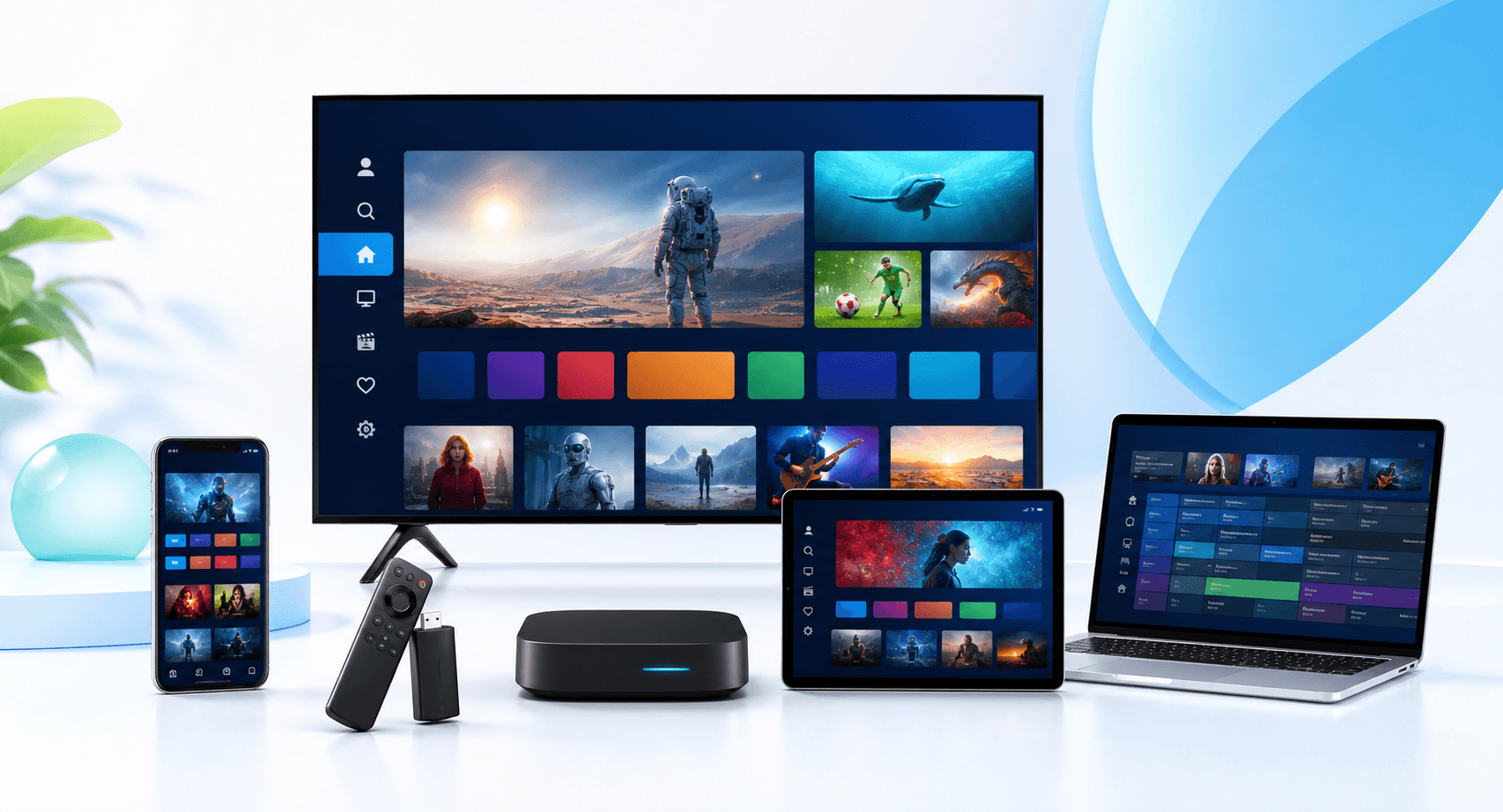 Smart TV, phone, tablet, laptop, and streaming device showing channelmoa compatible IPTV apps